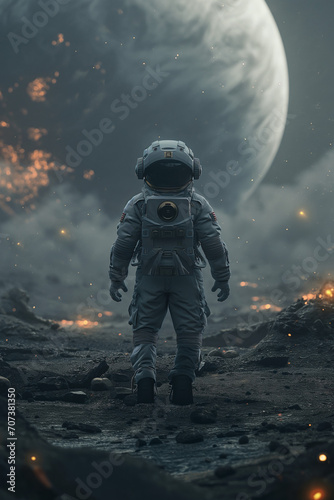  In the foreground is a tiny astronaut standing on a bumpy ground, staring at the distant planet in a gray and black color scheme, high contrast, illuminated by bright lights，atmospheric lighting, rak