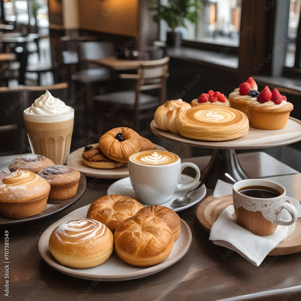 Capture the essence of a cozy café scene with a latte art masterpiece and a selection of freshly baked pastries. Capture the essence of a cozy café scene with a latte art masterpiece and a selection of freshly baked pastries.