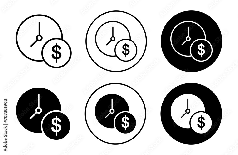 Time is money icon line set. quick payment transaction with deadline outline vector. instant instalment pay in timely manner linear vector logo 