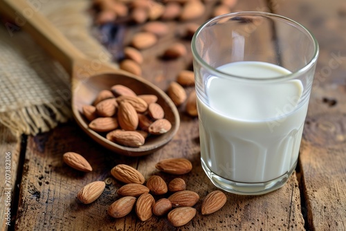 Almond milk in glass with almonds on table