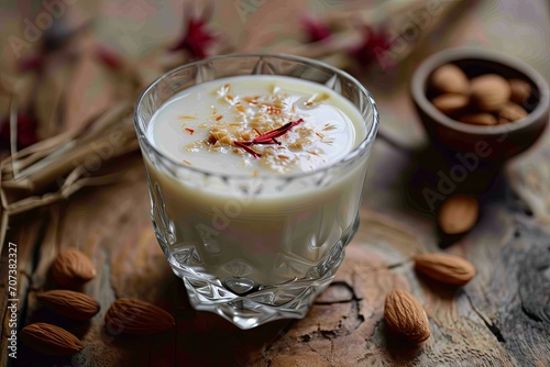 Almond milk made with almonds saffron and milk photo