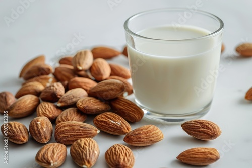 Almond milk on white background