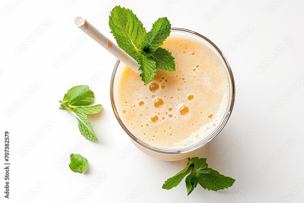Apricot milkshake with straw and mint leaves isolated on white top view Apricot milkshake with straw and mint leaves isolated on white top view