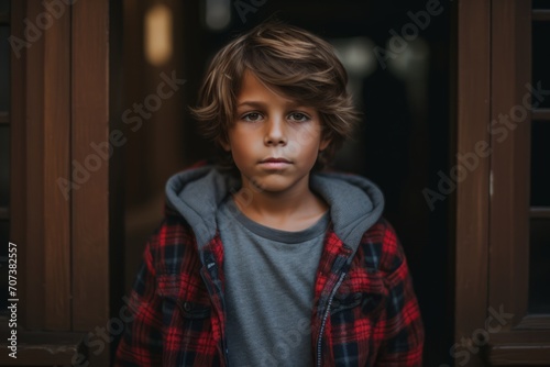 portrait of a boy in a red checkered shirt on the street