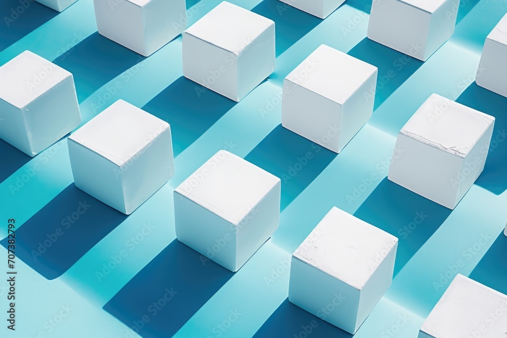 A group of white cubes sitting on top of a blue surface. A group of white cubes sitting on top of a blue surface.