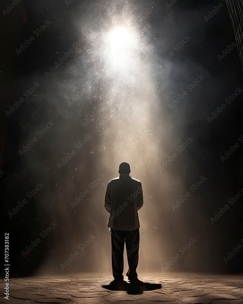 Silhouette of a Muslim man praying, surrounded by lots of light dew smoke, copy space - generative ai