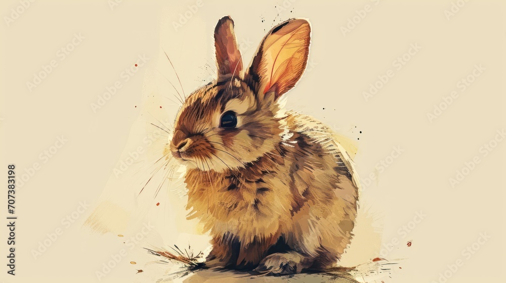  a watercolor painting of a rabbit sitting on the ground with its head turned to look like it's coming out of a hole in the ground, with it's ears and eyes wide open.