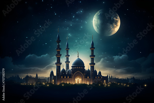 Islamic theme for Ramadan and Eid celebrations as banner background created with Generative AI technology. © muhammad