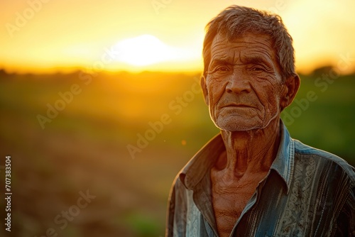 As the sun sets, a weathered man gazes into the sky with sand clinging to his wrinkled face, embodying the passage of time and the ruggedness of outdoor living