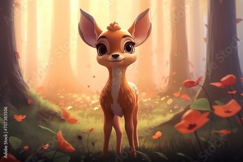 A charming little deer in a delightful children's cartoon animation inspired by fantasy. Generative AI © Christopher
