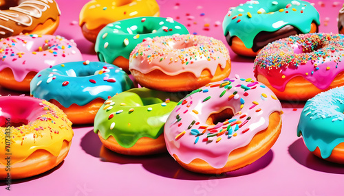 Photo illustration of sweet deserts donuts bright color. Present party vibe. Graphic Art