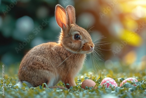 A fluffy bunny stands tall amidst a sea of grass  guarding its precious eggs with wild determination
