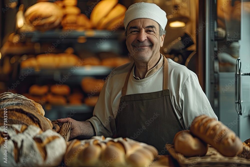 A man with a warm smile stands proudly in his bakery, donning a flour-dusted apron as he showcases his freshly baked goods, enticing customers with the mouth-watering aroma of bread and pastries