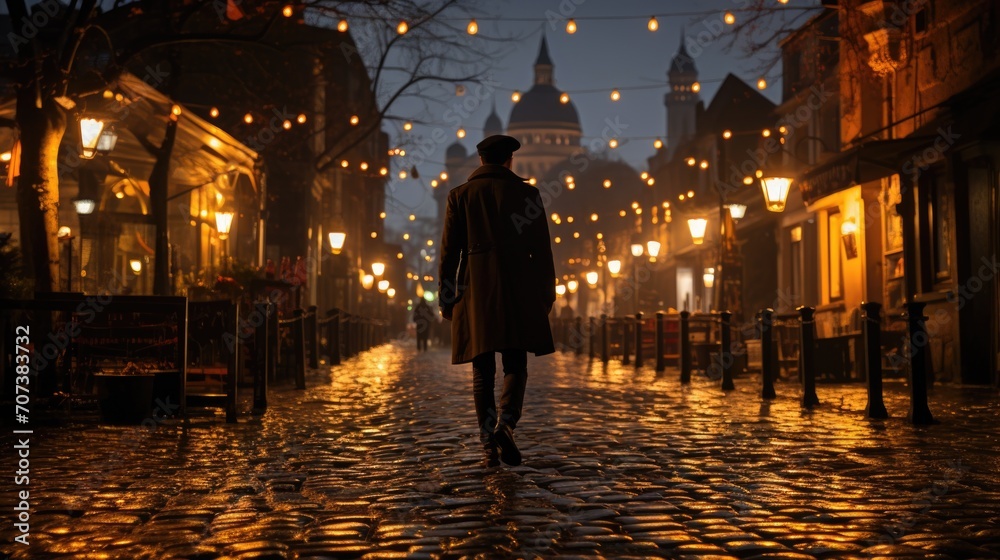 Attractive man in a suit walking through the city, refined style, gentlemanly poise, confident. stylish urban man in raincoat suit jacket.