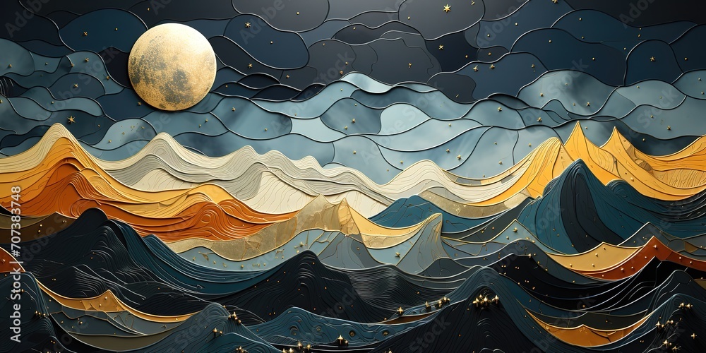 Obraz premium An abstract illustration of undulating mountains in gray, black and beige with the moon in the middle. generative AI