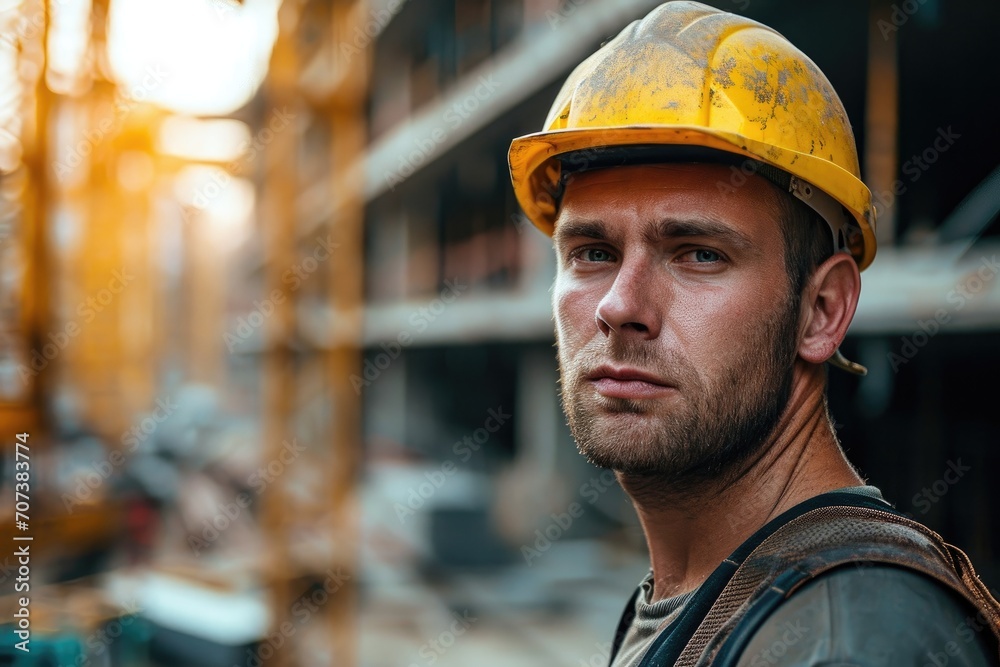 A blue-collar worker dons a yellow hard hat as he navigates the bustling streets, embodying the strength and determination of a skilled engineer in the construction industry A blue-collar worker dons a yellow hard hat as he navigates the bustling streets, embodying the strength and determination of a skilled engineer in the construction industry