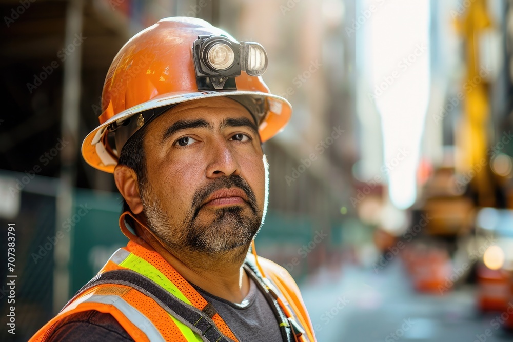 A dedicated engineer in a high-visibility vest and hard hat works tirelessly on a bustling construction site, embodying the determination and resilience of the blue-collar worker A dedicated engineer in a high-visibility vest and hard hat works tirelessly on a bustling construction site, embodying the determination and resilience of the blue-collar worker
