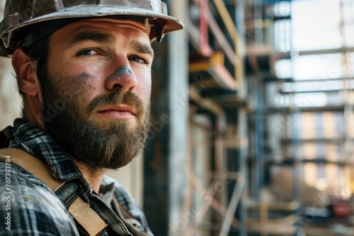 A rugged man with a full beard and mustache stands proudly on a busy city street, his helmet protecting him as he takes in the towering buildings and bustling crowds around him photo