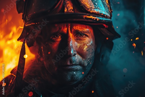 An intense screenshot captures the determined expression of a human-faced protagonist in a fiery action-adventure game, adorned with a helmet and wielding a helmet as they battle their way through ch photo
