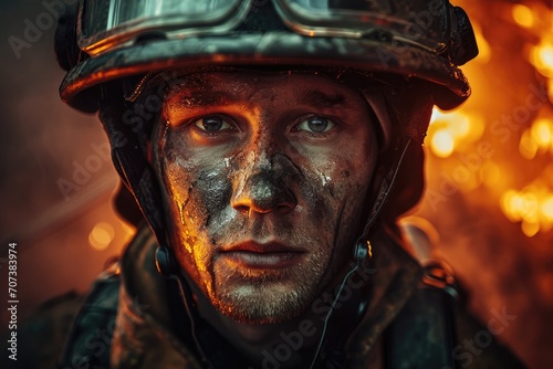 A brave firefighter, his face hidden behind a helmet, battles the fierce flames of an outdoor fire with determination and courage