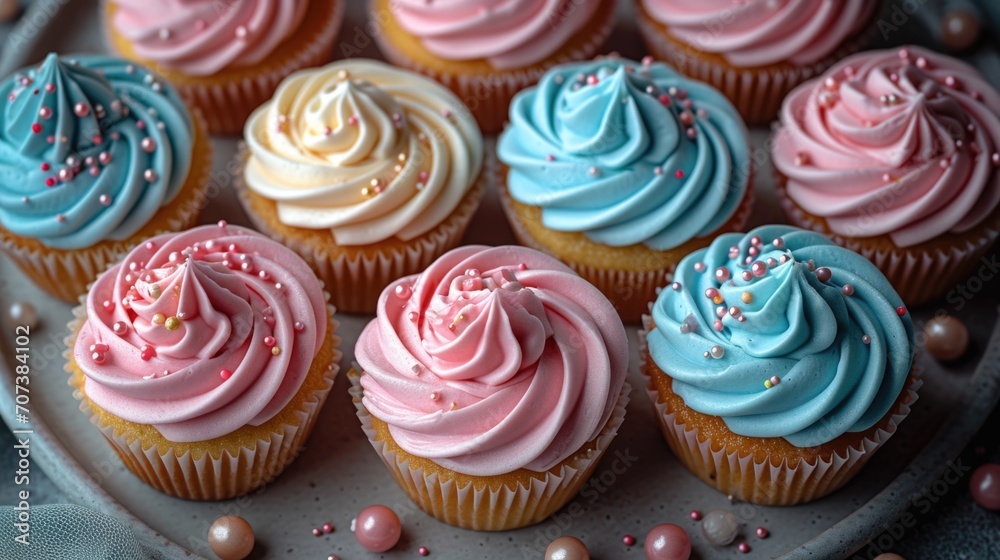 A plate of cupcakes with frosting and sprinkles. A plate of cupcakes with frosting and sprinkles.