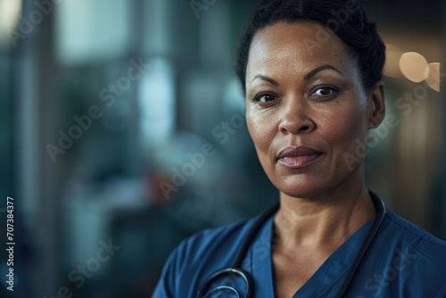 A serious-faced woman in blue scrubs gazes directly at the camera, her defined eyebrows and sharp chin framing her portrait as she wears a stethoscope around her neck and a determined expression on h