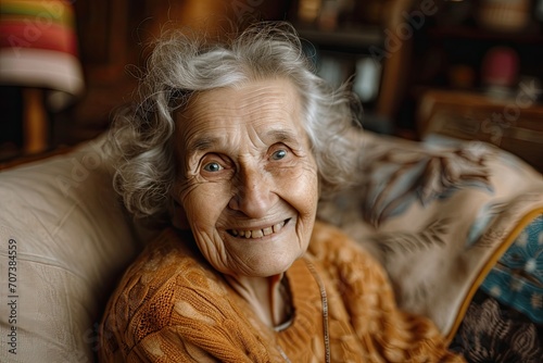 An elderly woman sits in a chair, her wrinkled face beaming with a warm smile, as she gazes at the camera with kind eyes framed by soft white hair, exuding a sense of contentment and grace amidst the photo