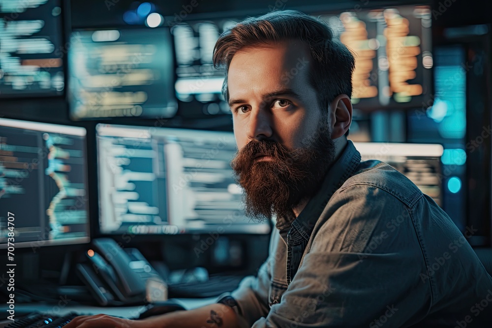 A rugged man with a full beard contemplates in front of his computer, his face reflecting a mix of determination and exhaustion as he delves into the digital world in his cozy indoor setting A rugged man with a full beard contemplates in front of his computer, his face reflecting a mix of determination and exhaustion as he delves into the digital world in his cozy indoor setting