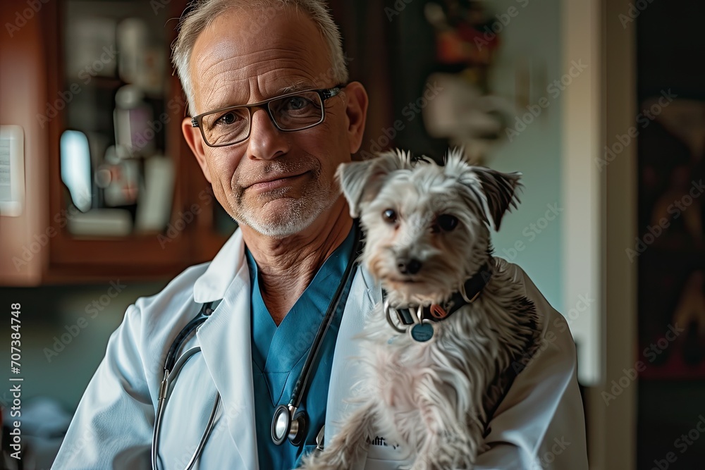 A professional man wearing a white coat and glasses lovingly holds his terrier, their collars matching as they stand in front of an indoor wall A professional man wearing a white coat and glasses lovingly holds his terrier, their collars matching as they stand in front of an indoor wall