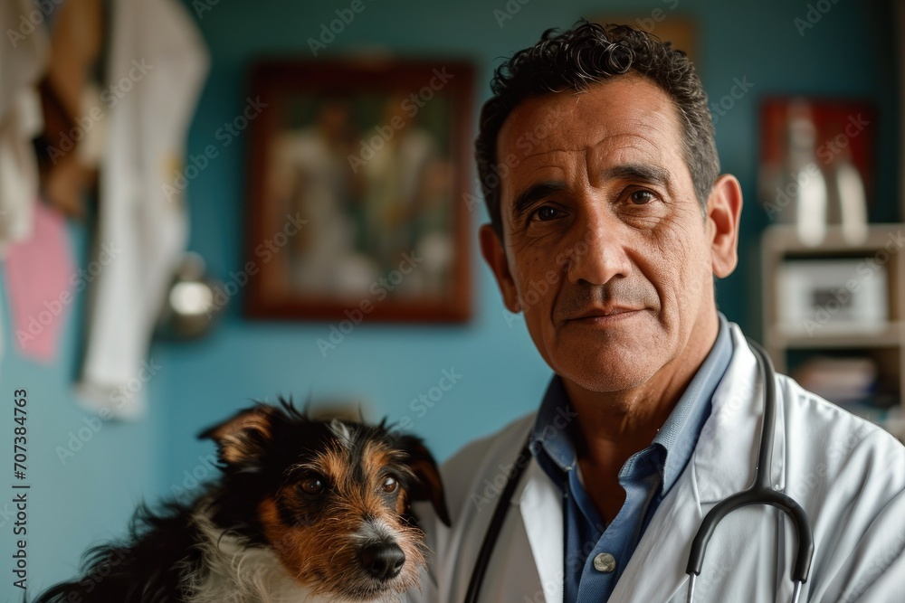 A compassionate man, dressed in a white coat, cradles his beloved pet dog against a plain wall in the comfort of their home A compassionate man, dressed in a white coat, cradles his beloved pet dog against a plain wall in the comfort of their home