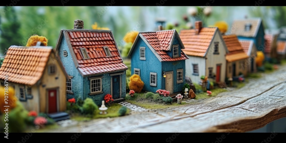 A miniature model of a small town on a table.