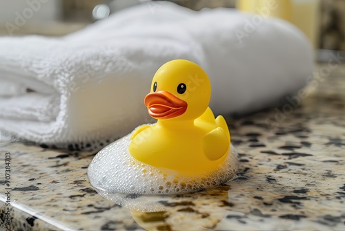 Children s bath accessories with a yellow rubber duck white towels and space for text on a bathroom countertop