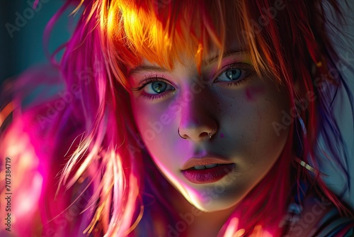 A vibrant girl with fiery red hair and fluttering wings, her anime-inspired face adorned with colorful bangs and long eyelashes, gazes confidently out of the portrait with a cartoon-like charm
