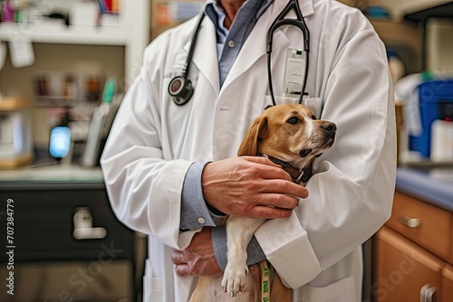 A caring healthcare professional stands proudly in his white coat, with a loyal dog by his side, ready to provide comfort and healing within the walls of a medical facility