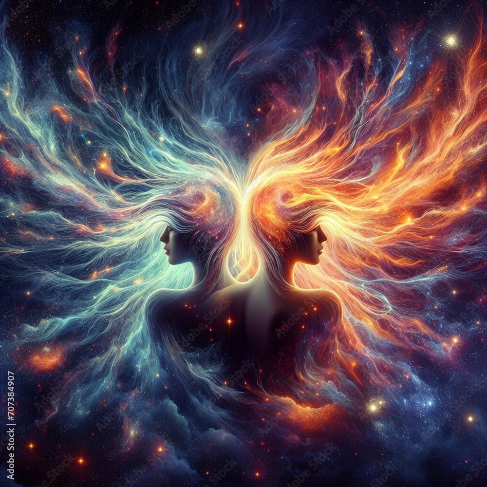 Obraz premium Twin flame couple. Soulmates. The concept of magical, esoteric, tantric, spiritual love. Connection between souls. Illustration for websites and much more. Created using generative ai tools.