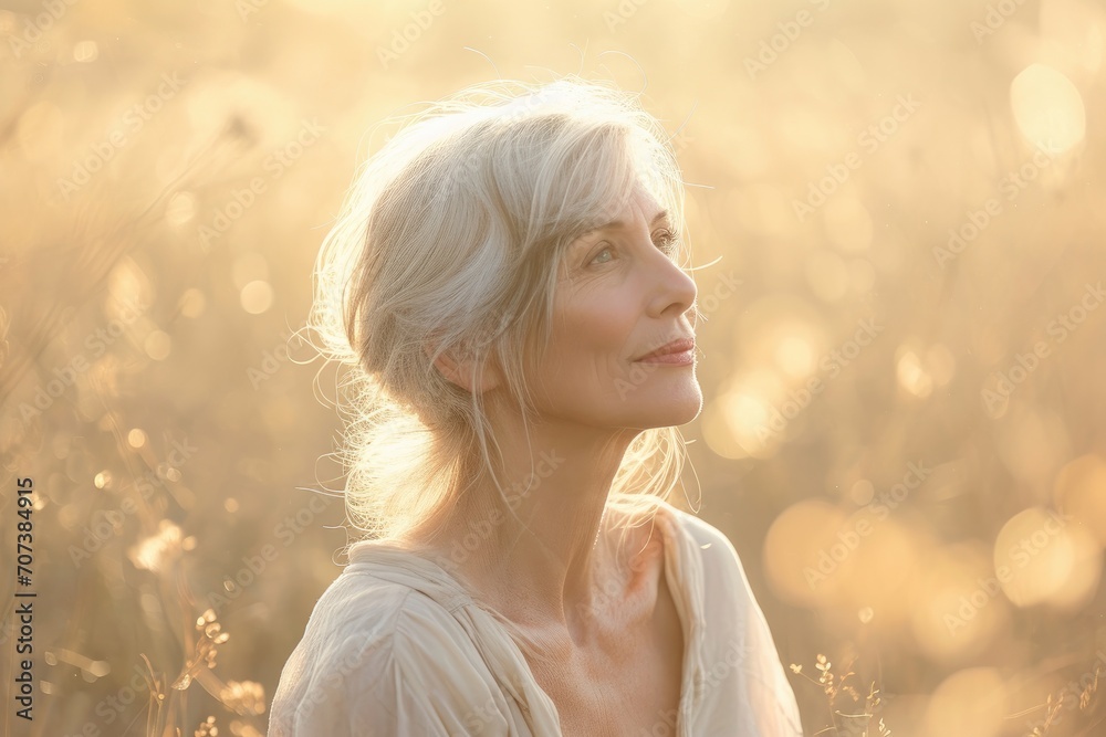 A contemplative lady gazes towards the sky, her hair flowing in the wind as she stands among the vibrant green grass, capturing the essence of beauty and freedom in this outdoor portrait A contemplative lady gazes towards the sky, her hair flowing in the wind as she stands among the vibrant green grass, capturing the essence of beauty and freedom in this outdoor portrait