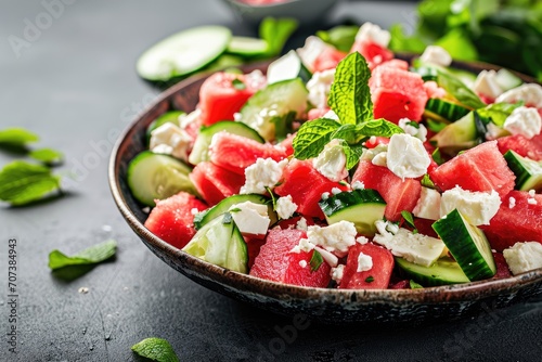 Close up of a summer salad with watermelon mint cucumber and feta cheese casting shadows