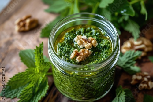Close up of homemade pesto containing nettle garlic and walnuts photo