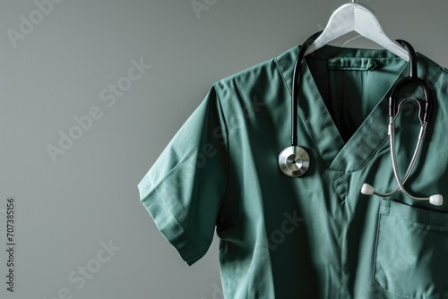 Closeup of a doctor s scrubs and stethoscope on hanger neutral background Green surgical smock on white hanger gray background copy space photo