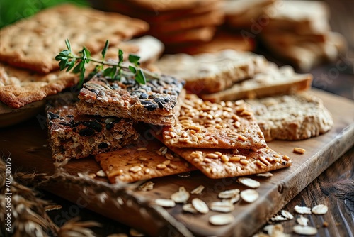 Closeup of delicious organic rusks and crispbreads with various toppings on a wooden board photo