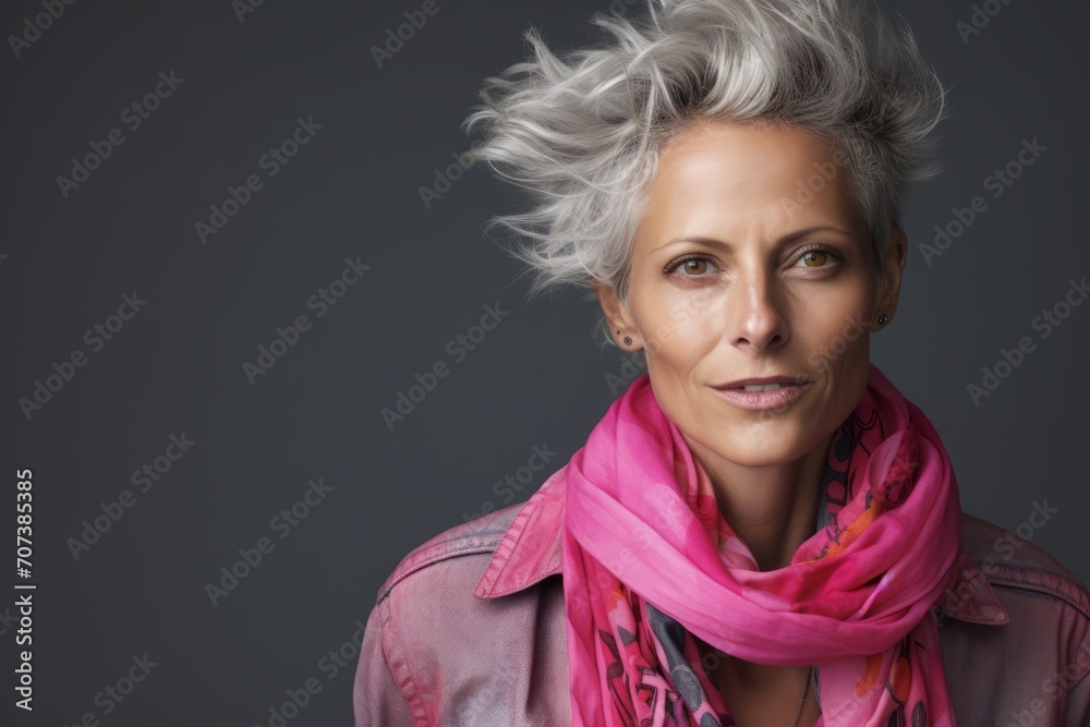 Portrait of a beautiful middle-aged woman with short gray hair and pink scarf Portrait of a beautiful middle-aged woman with short gray hair and pink scarf
