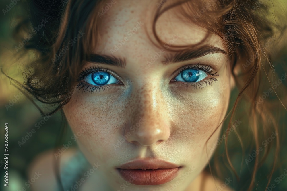 A mesmerizing portrait of a woman with piercing blue eyes, showcasing the intricate details of her face and the delicate features of her eyelashes and eyebrows