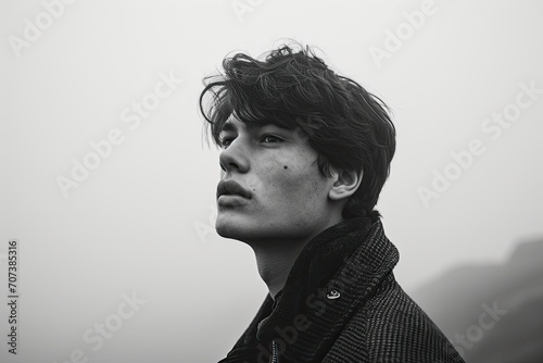 A lone figure stands against a foggy sky, their face turned towards the unknown as they blend into the monochrome wall behind them, a symbol of the human struggle to find purpose and meaning in the w