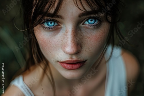 A mesmerizing portrait of a woman's piercing blue eyes, framed by delicate lashes and defined by expertly applied eyeliner, capturing the raw beauty and complexity of the human face