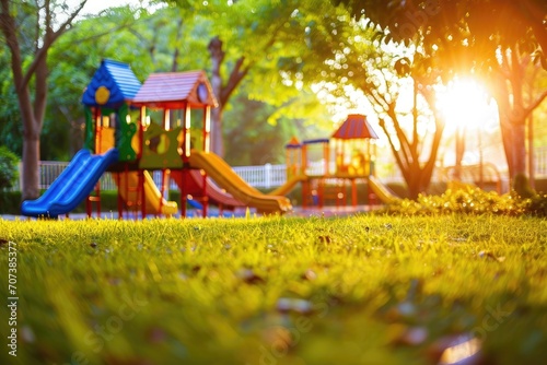Colorful children s playground on park yard with green grass photo