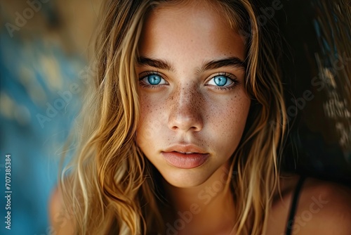 A captivating portrait of a freckled woman with piercing blue eyes, showcasing her natural beauty through layers of long brown hair, bold eyeliner, and a touch of red lipstick