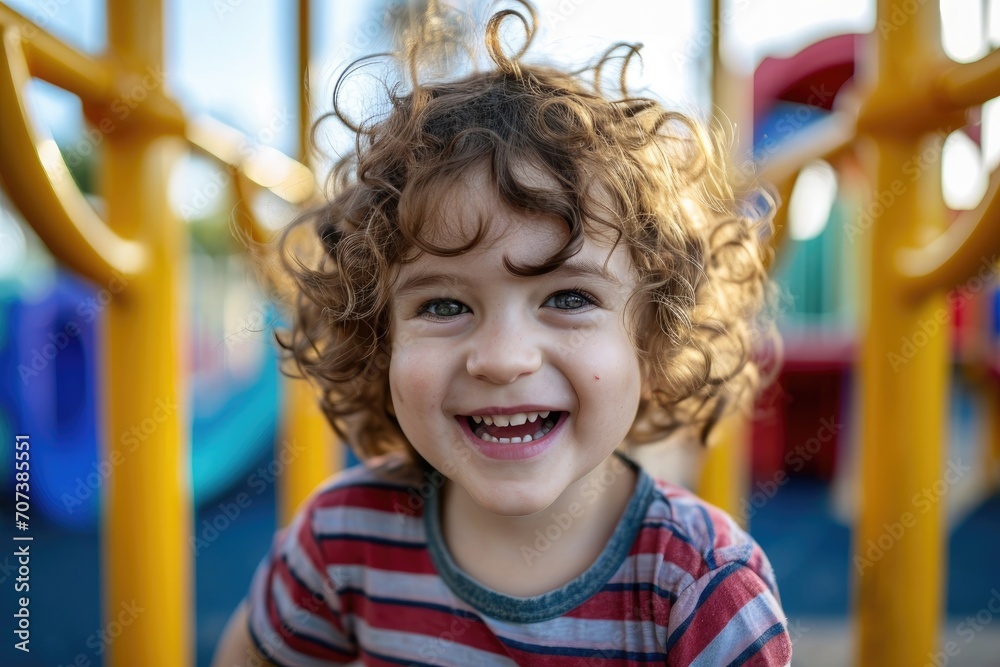 A joyful toddler in colorful clothing captures the essence of innocence while posing for the camera on a sunny day at the playground