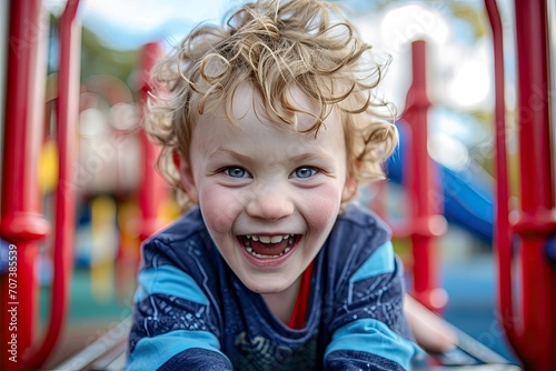 A joyous toddler dressed in vibrant clothing smiles brightly for the camera, exuding innocence and playfulness while enjoying the freedom of the playground