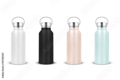 Vector Realistic 3d White, Black, Pink and Blue Blank Glossy Metal Reusable Water Bottle Icon Set with Silver Bung Closeup Isolated on White Background. Design Template of Packaging Mockup. Front View