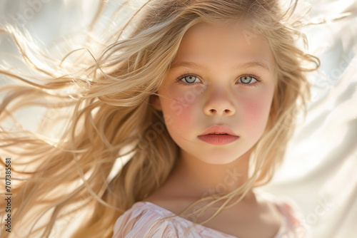 close up portrait of a young caucasian white pale blonde girl with long flowing hair and natural autumn warm background for hair commercial magazine editorial advertisement in girly feminine look 